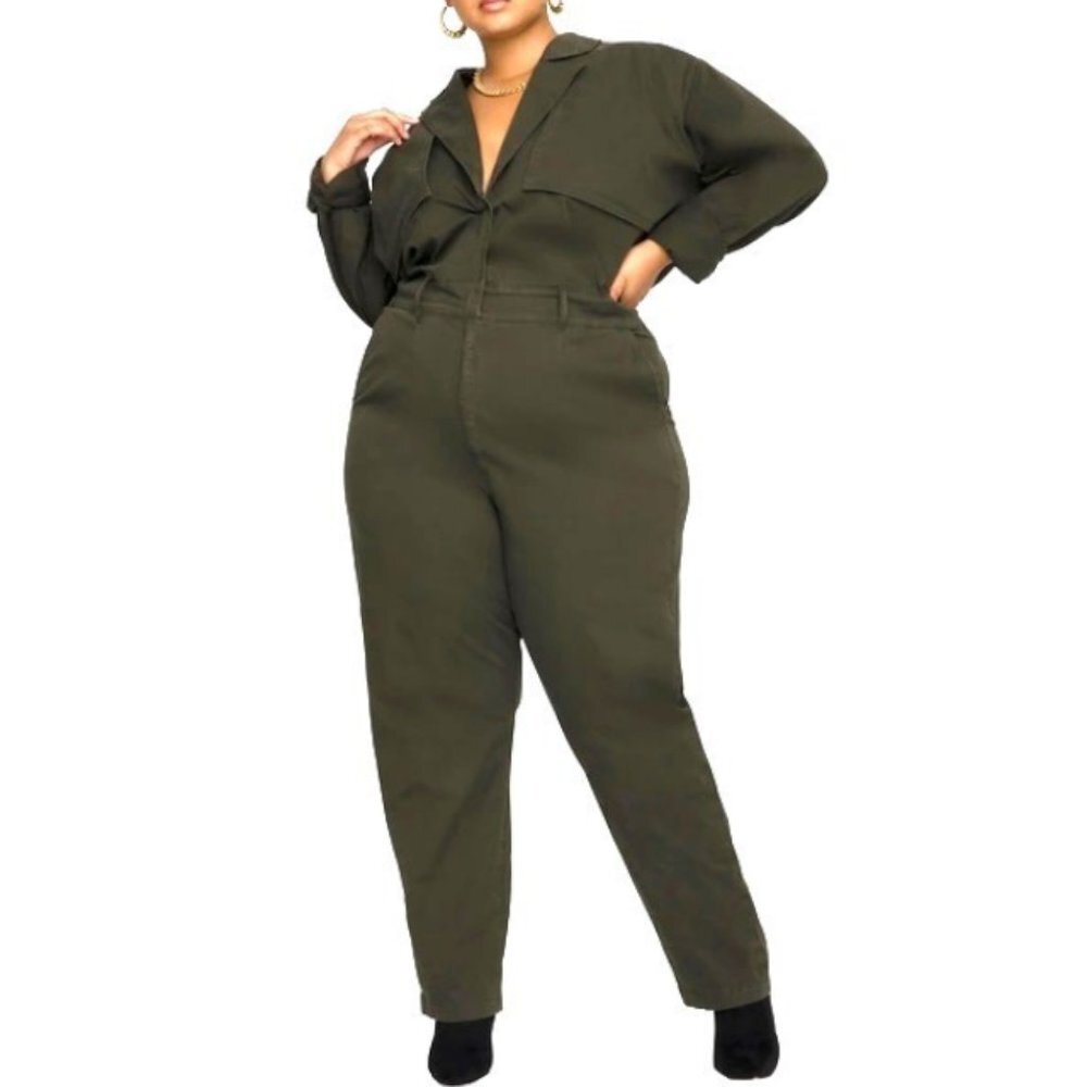 Good American Long Sleeve Trench Jumpsuit Hunter Army Dark Green Size 5 2X‎